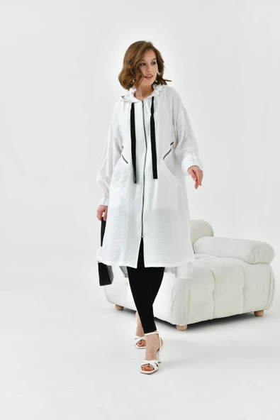FTZ Women Kadın Fermuarlı Kapişonlu Kap  Ekru 30754 - Resim 4
