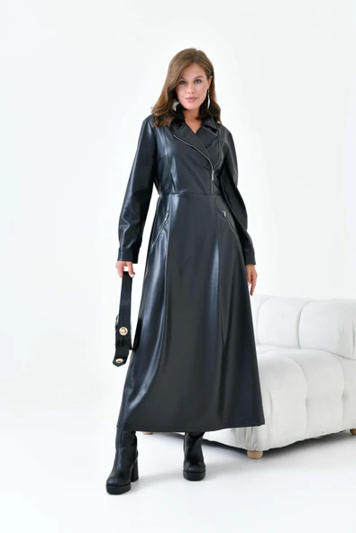 FTZ Women Kadın Deri Elbise  Siyah 30930 - Resim 5