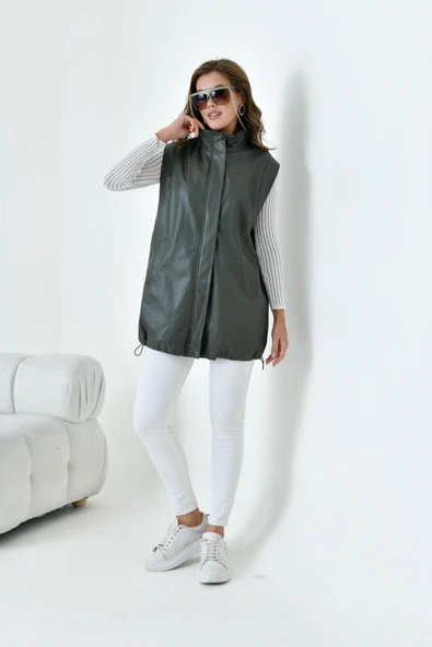 FTZ Women Kadın Deri Yelek  Haki 30926 - 3