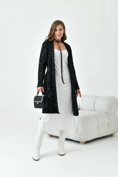 FTZ Women Kadın Kendinden Kemerli Uzun Hırka  Siyah 20737 - Resim 2