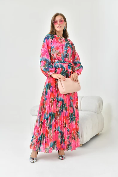 FTZ Women Kadın Şifon Elbise  Fuşya 30871 - Resim 5