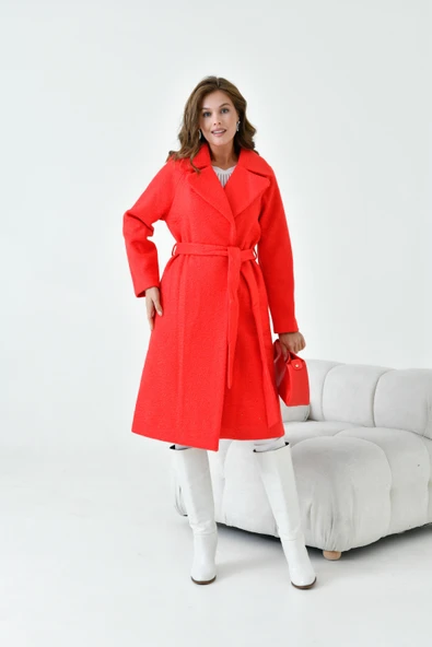 FTZ Women Kadın Geniş Yaka Kaban  Kırmızı 30627 - Resim 4