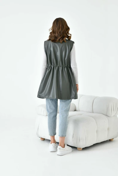 FTZ Women Kadın Deri Yelek  Haki 30927 - Resim 7