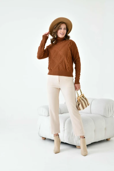 FTZ Women Kadın Pirinç Örgü Kazak  Bakır 20909 - Resim 3