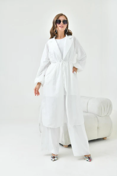 FTZ Women Kadın Kesme Jakar Üçlü Takım  Ekru 30847 - Resim 5