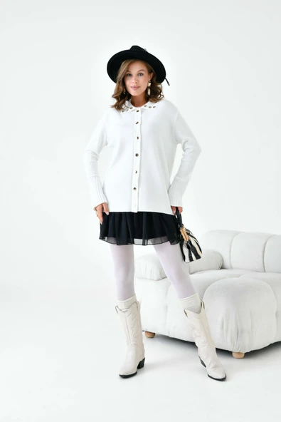 FTZ Women Kadın Kuş Gözü Detaylı Triko Gömlek  Ekru 20820 - Resim 2