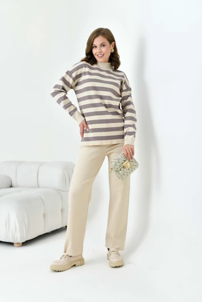 FTZ Women Kadın Çizgili İkili Takım  Bej 20796 - Resim 5