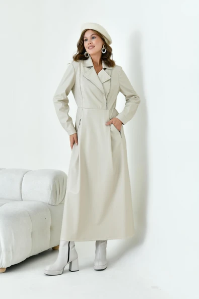 FTZ Women Kadın Deri Elbise  Beige 30930 - Resim 4