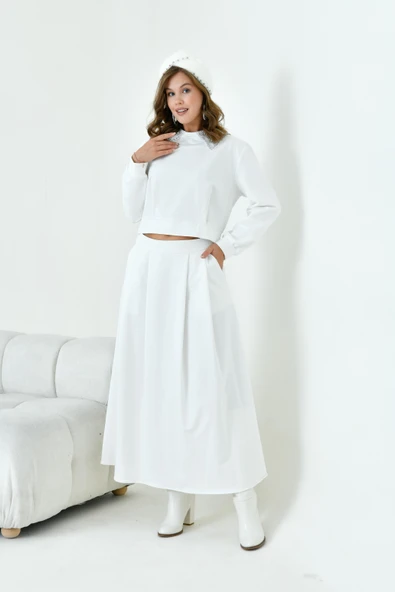 FTZ Women Kadın Bebe Yaka Etekli İki İp Takım  Ekru 30967 - Resim 4