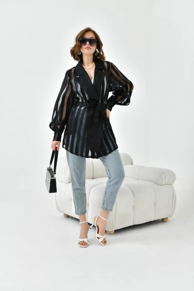 FTZ Women Kadın Desenli Organze Kap  Siyah 30738 - Resim 5