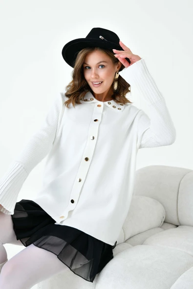 FTZ Women Kadın Kuş Gözü Detaylı Triko Gömlek  Ekru 20820 - Resim 5