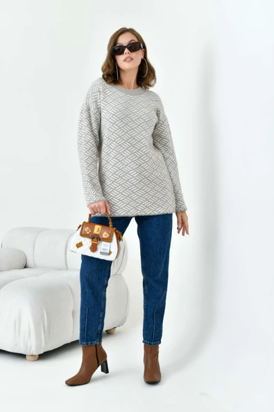 FTZ Women Kadın Çizgi Detaylı Kazak  Bej 20744 - Resim 4