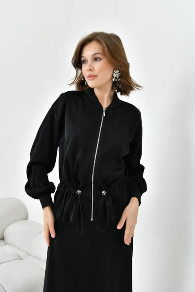 FTZ Women Kadın Büzgülü Ceketli Etekli Takım  Siyah 30725 - Resim 2