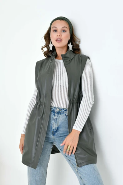 FTZ Women Kadın Deri Yelek  Haki 30927 - Resim 2