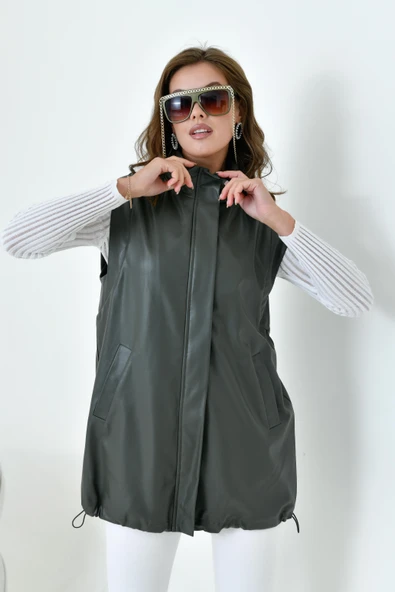 FTZ Women Kadın Deri Yelek  Haki 30926 - 5