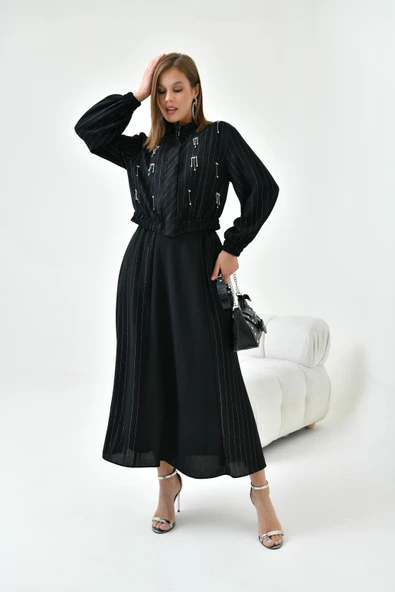 FTZ Women Kadın Simli Crep Etekli Takım  Siyah 30839 ürün görseli