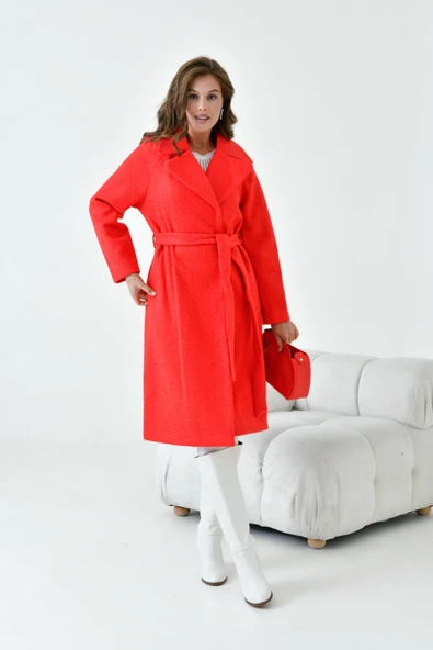 FTZ Women Kadın Geniş Yaka Kaban  Kırmızı 30627 - Resim 6