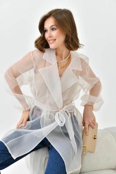 FTZ Women Kadın Desenli Şifon Kap  Beige 30737 - Resim 4