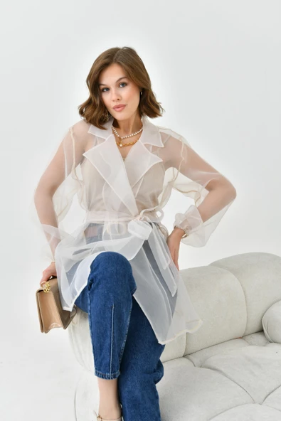 FTZ Women Kadın Desenli Şifon Kap  Beige 30737 - Resim 2