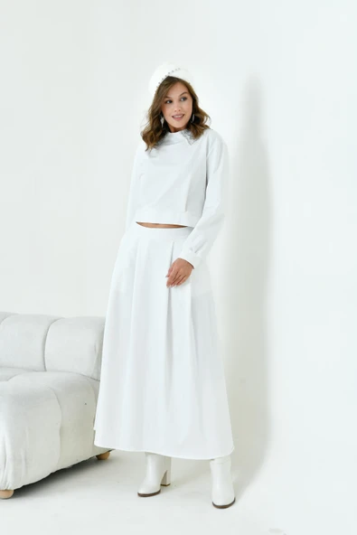 FTZ Women Kadın Bebe Yaka Etekli İki İp Takım  Ekru 30967 - Resim 5