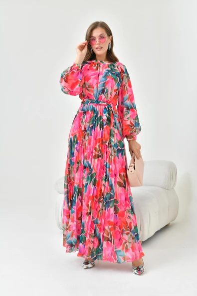 FTZ Women Kadın Şifon Elbise  Fuşya 30871 - Resim 6