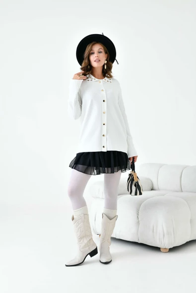 FTZ Women Kadın Kuş Gözü Detaylı Triko Gömlek  Ekru 20820 - Resim 1