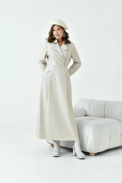 FTZ Women Kadın Deri Elbise  Beige 30930 - Resim 5