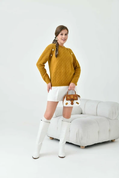 FTZ Women Kadın Gold Düğme Detaylı Bluz  Hardal 20699 - Resim 6