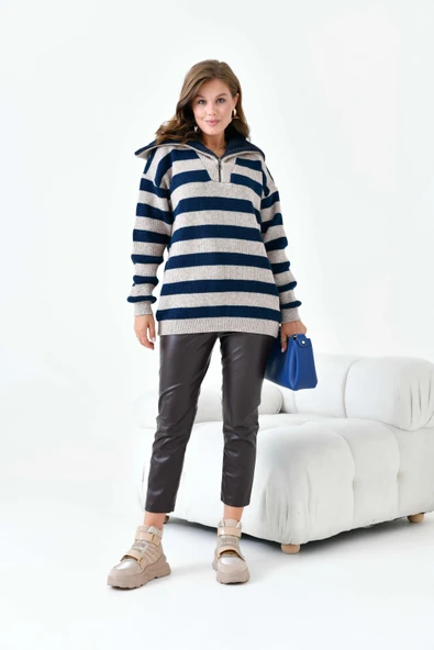 FTZ Women Kadın Çizgi Detaylı Kazak  Taş 20726 - Resim 6