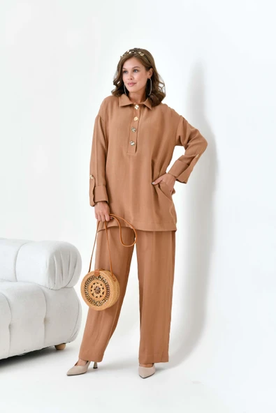 FTZ Women Kadın Keten Takım  Taba 30874 - Resim 6