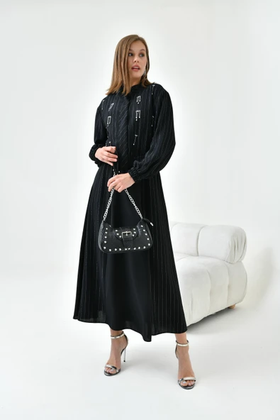 FTZ Women Kadın Simli Crep Etekli Takım  Siyah 30839 - Resim 4