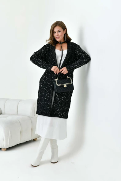 FTZ Women Kadın Kendinden Kemerli Uzun Hırka  Siyah 20737 - Resim 3