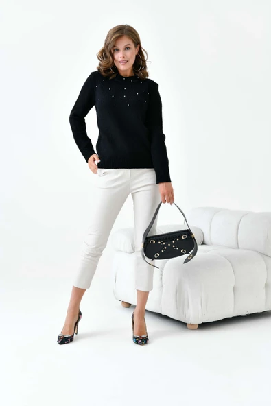 FTZ Women Kadın Boncuk İşlemeli Kazak  Siyah 20741 - Resim 3