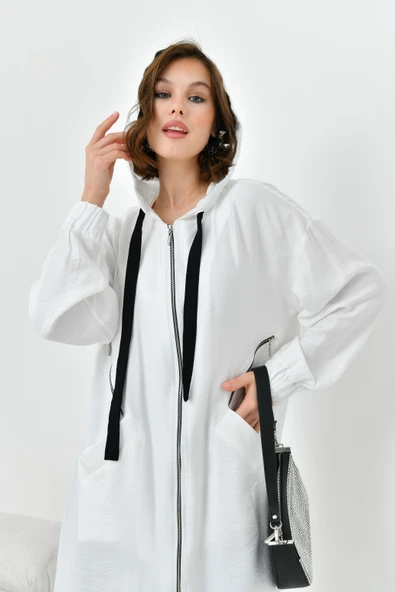 FTZ Women Kadın Fermuarlı Kapişonlu Kap  Ekru 30754 - Resim 2