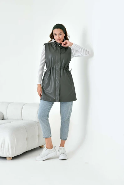 FTZ Women Kadın Deri Yelek  Haki 30927 - Resim 5