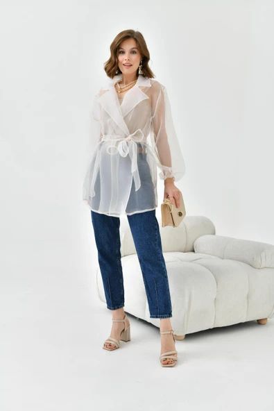 FTZ Women Kadın Desenli Şifon Kap  Beige 30737 - Resim 5