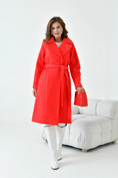 FTZ Women Kadın Geniş Yaka Kaban  Kırmızı 30627 - Resim 5