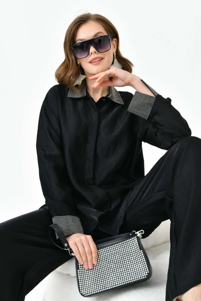 FTZ Women Kadın Yakası Ve Kolu Taşlı Takım  Siyah 30781 - Resim 2