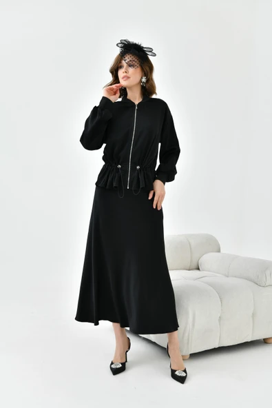 FTZ Women Kadın Büzgülü Ceketli Etekli Takım  Siyah 30725 - Resim 5