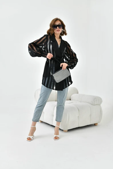 FTZ Women Kadın Desenli Organze Kap  Siyah 30738 - Resim 4