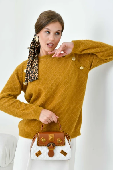 FTZ Women Kadın Gold Düğme Detaylı Bluz  Hardal 20699 - Resim 4