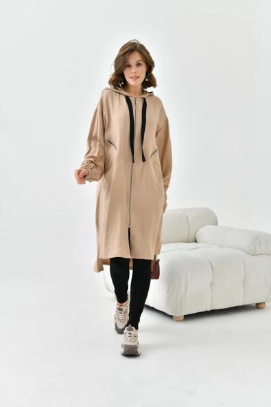 FTZ Women Kadın Fermuarlı Kapişonlu Kap  Sütlü Kahve 30754 - 5