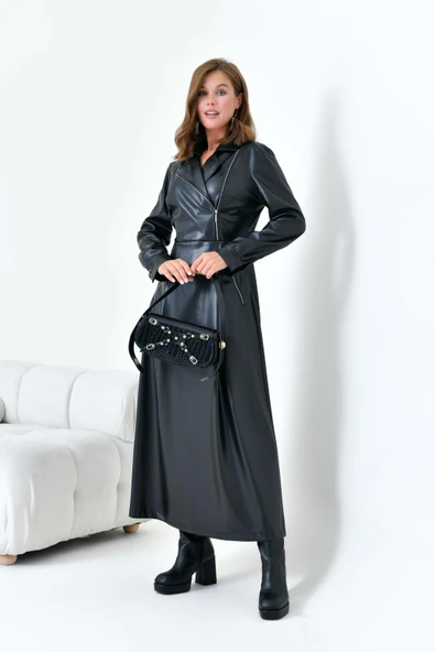 FTZ Women Kadın Deri Elbise  Siyah 30930 - Resim 2