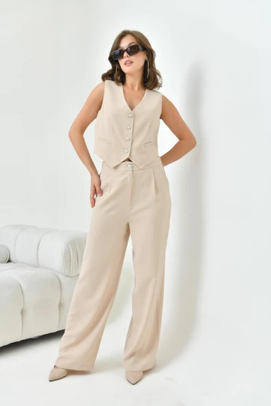 FTZ Women Kadın Simli Crep Yelekli Takım  Taş 30851 - Resim 6