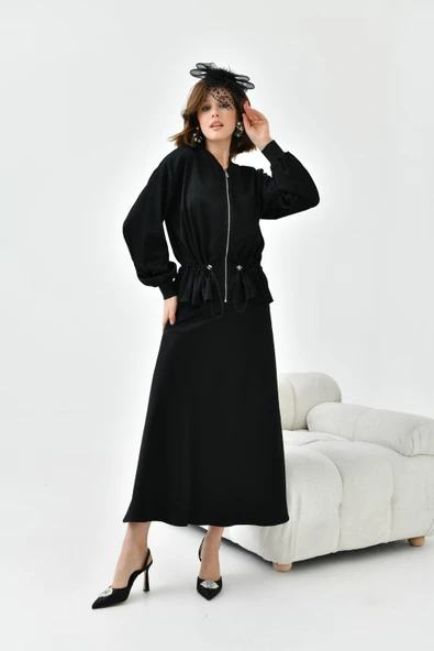 FTZ Women Kadın Büzgülü Ceketli Etekli Takım  Siyah 30725 - Resim 3