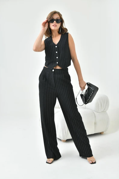 FTZ Women Kadın Simli Crep Yelekli Takım  Siyah 30851 - Resim 2