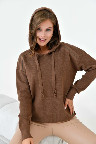 FTZ Women Kadın Kapüşonlu Kazak  Kahve 20753 - Resim 6