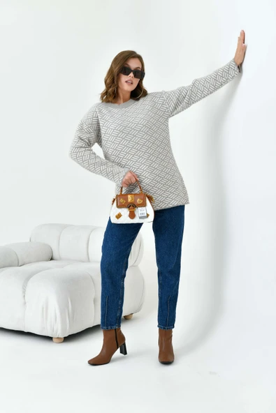 FTZ Women Kadın Çizgi Detaylı Kazak  Bej 20744 - Resim 3