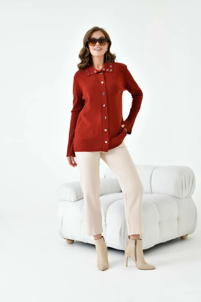 FTZ Women Kadın Kuş Gözü Detaylı Triko Gömlek  Kiremit 20820 - Resim 2