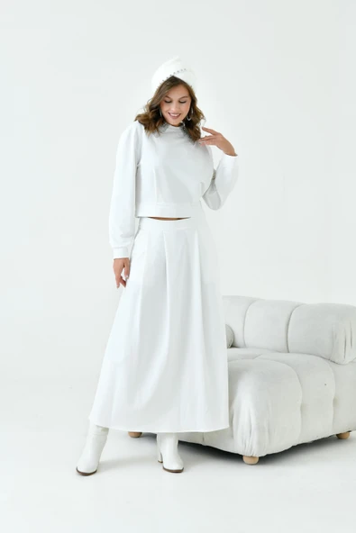 FTZ Women Kadın Bebe Yaka Etekli İki İp Takım  Ekru 30967 - Resim 2